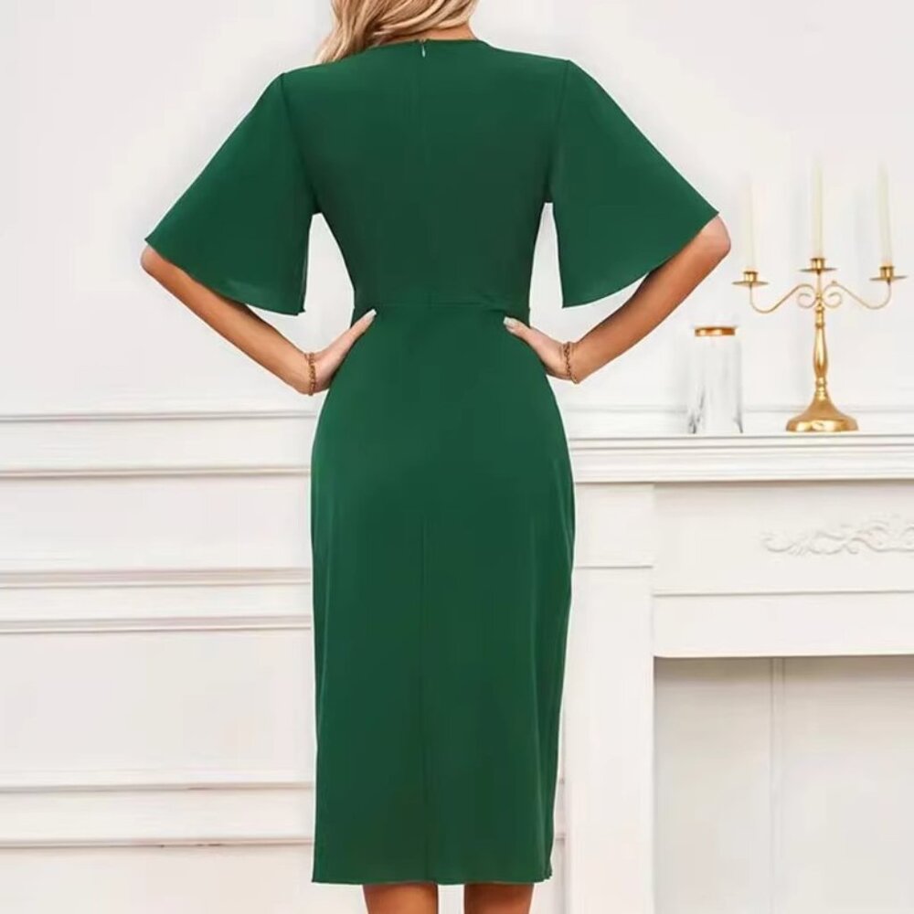 Finland V design dress lotus sleeve waist twist solid color
